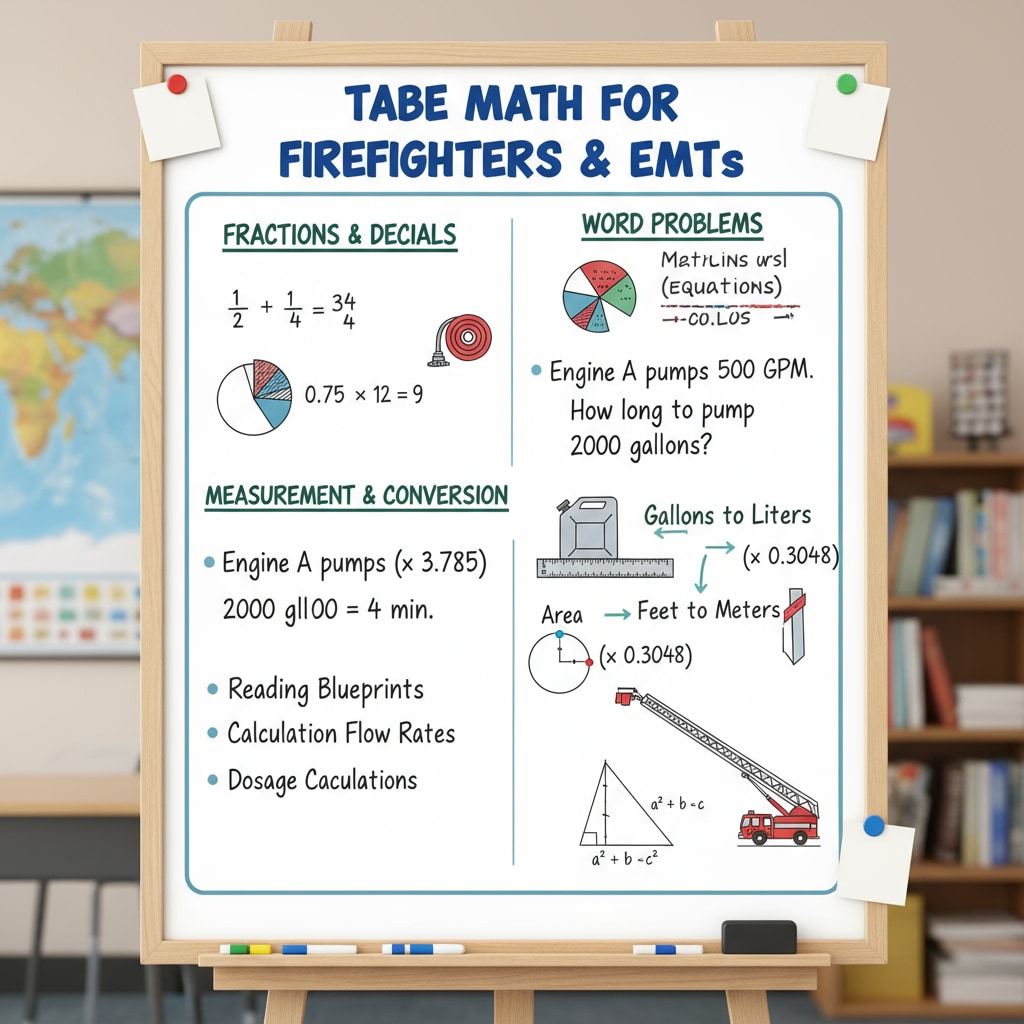 A whiteboard with TABE math concepts scribbled, showing important math ideas that are part of the TABE exam for those aiming to be firefighters and enter EMT courses. Whiteboard with TABE math concepts for firefighters and EMT courses