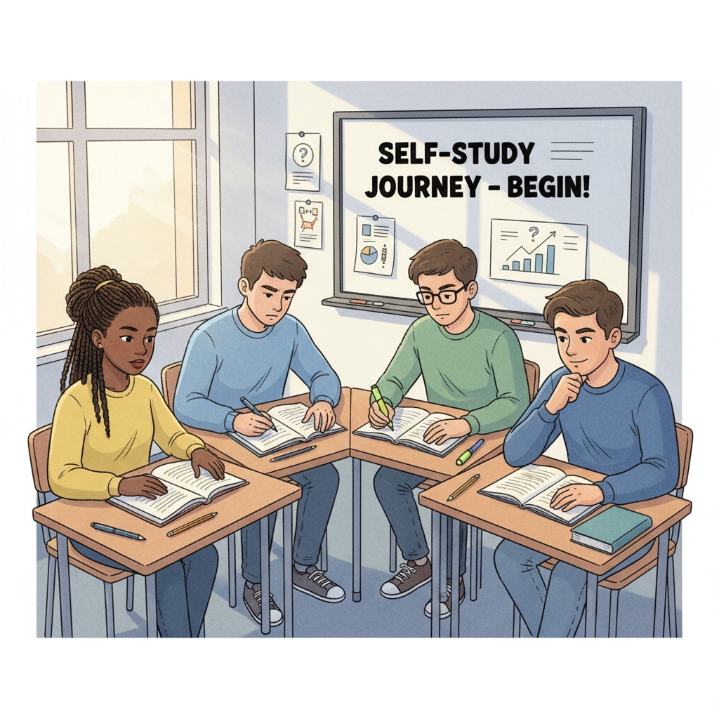 A group of young people are sitting at desks, with books and notebooks in front of them. They look determined as they study, representing the start of their self-study journey. Young people starting their self-study journey with educational gaps in mind
