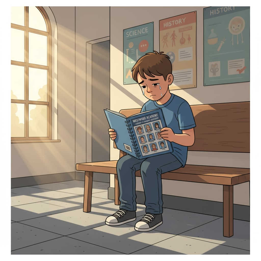 A sad child holding a school directory, highlighting the emotional impact of inappropriate information.