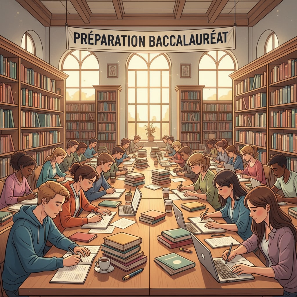 Students are sitting at desks in a library, surrounded by books related to baccalauréat subjects, studying intently. Students studying for the baccalauréat in a library