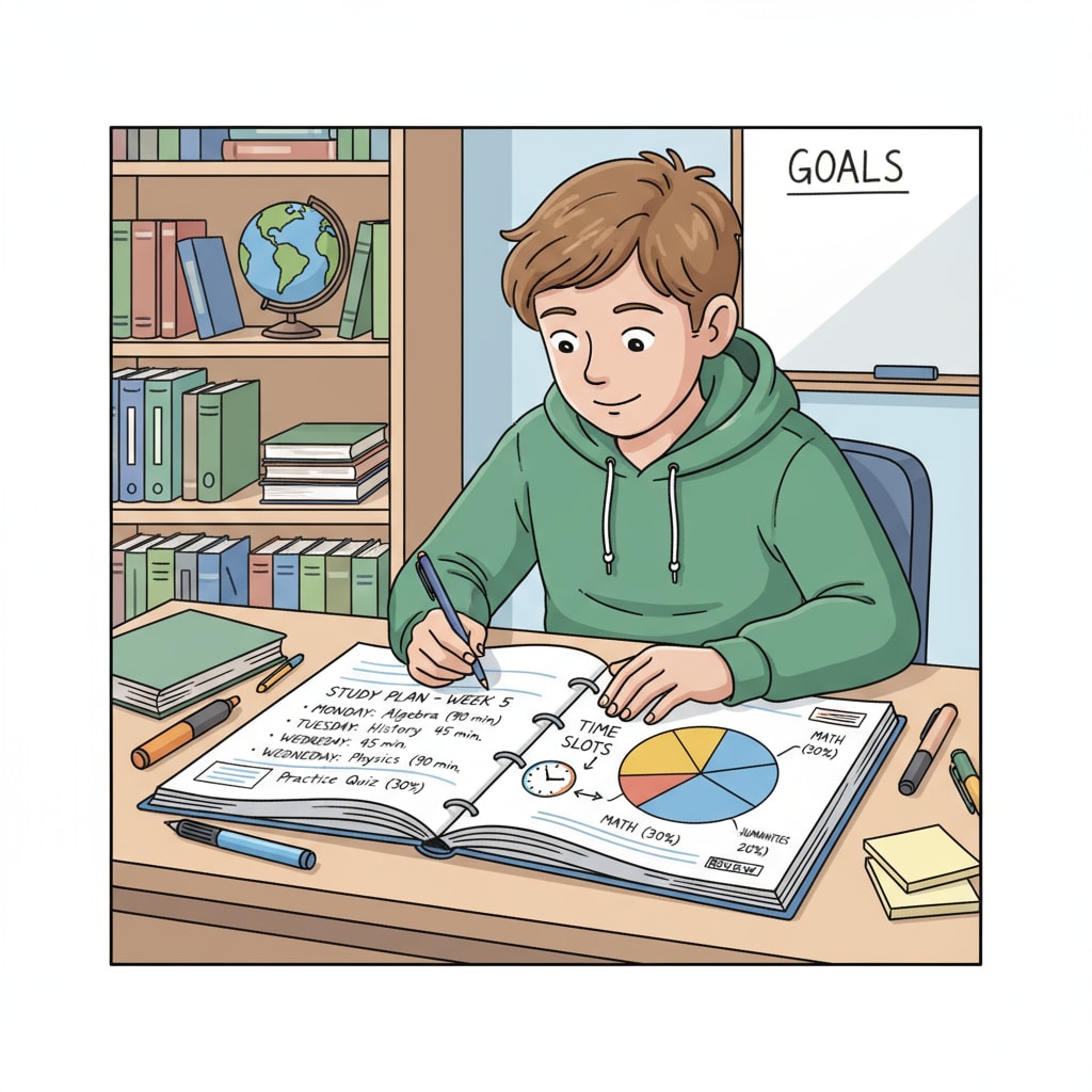 A student is sitting at a desk, looking at a planner with different study tasks and time allocations written on it. A student using a planner to manage study time