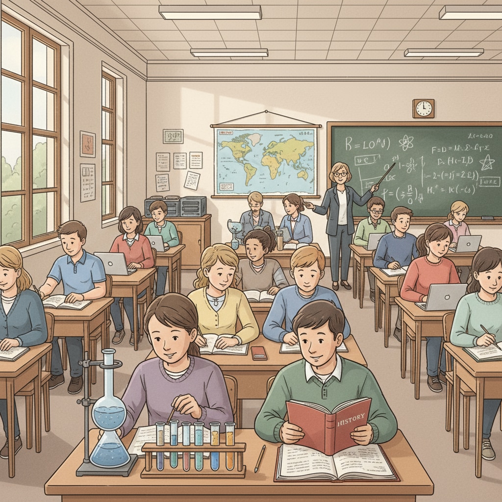 A classroom scene in a traditional high school with students engaged in learning activities. Students in a traditional high school related to diplomas, GED, high school education, and education choices