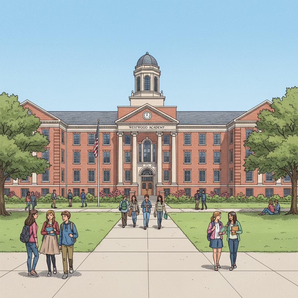 The exterior of a traditional high school building with students moving around. Traditional high school building relevant to diplomas, GED, high school education, and education choices