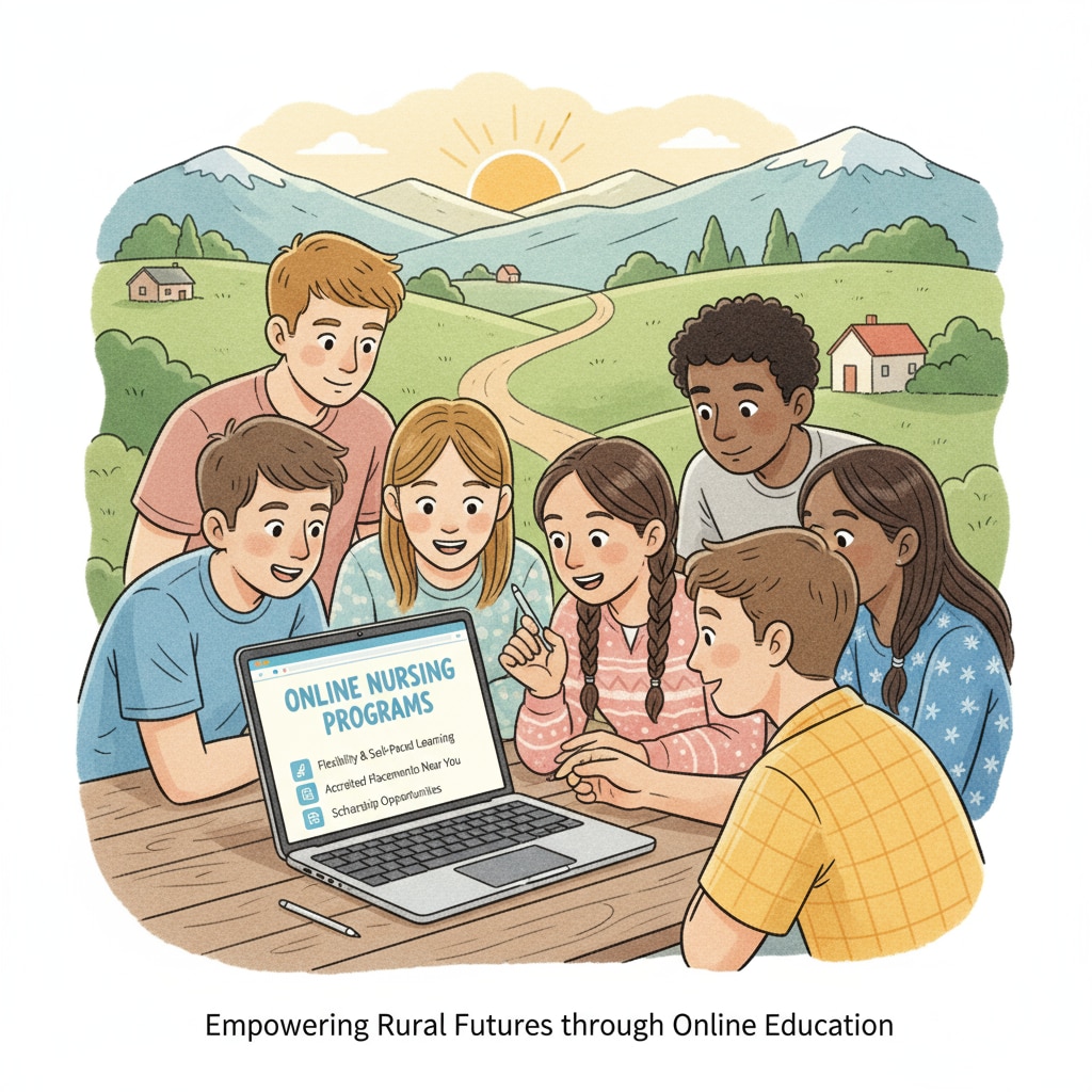 A group of rural students are looking intently at a computer screen, where information about online nursing programs is displayed. Rural students exploring online nursing programs without ACT/SAT requirements