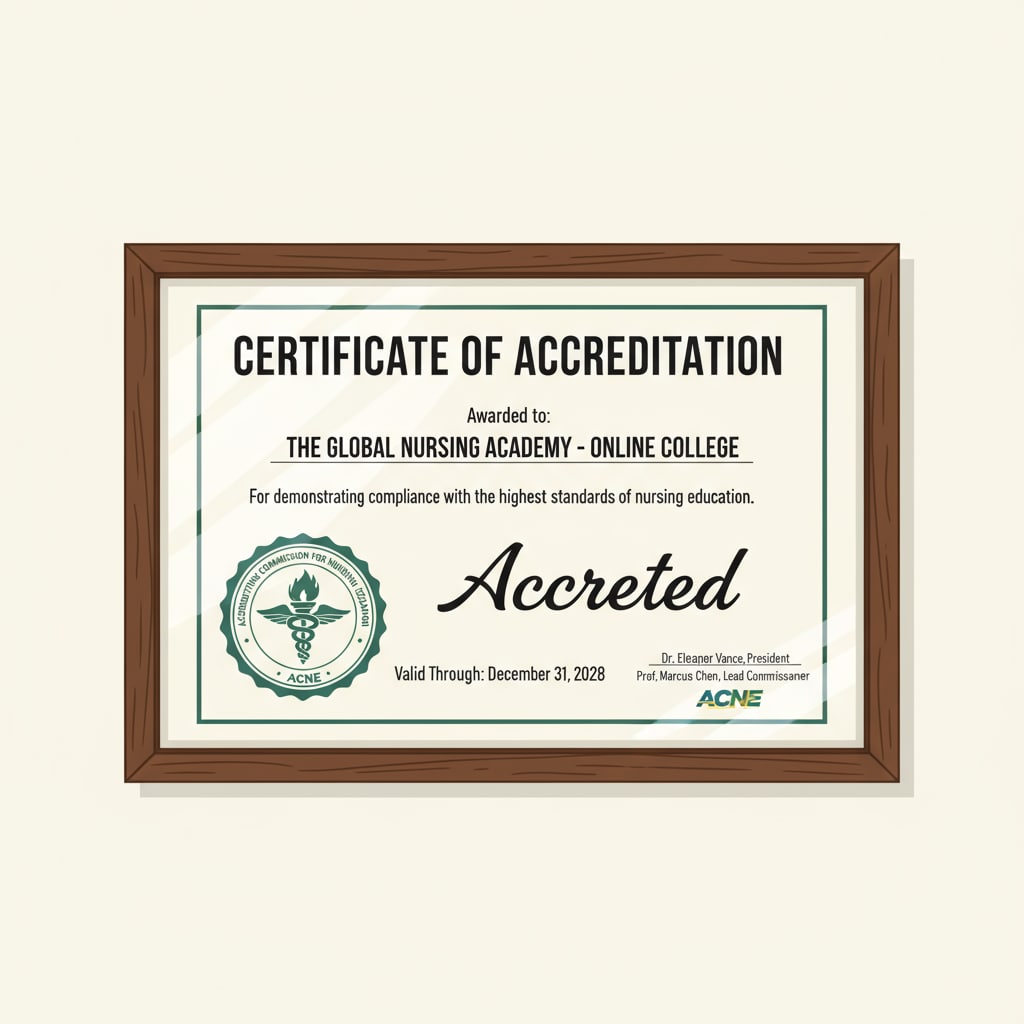 A framed certificate of accreditation for an online nursing college, showing the logo of the accrediting body. Accreditation certificate of an online nursing college with no ACT/SAT requirement