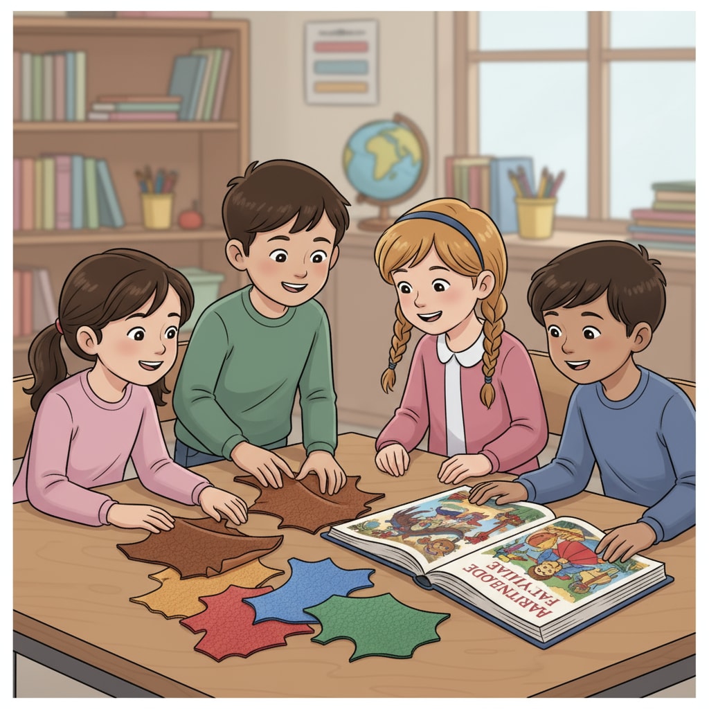 A group of children are gathered around a table. There are leather samples and a book with colorful fairy tale illustrations in the middle. The children are looking at the items with curiosity. Children exploring leather samples and fairy tale illustrations in a learning setting