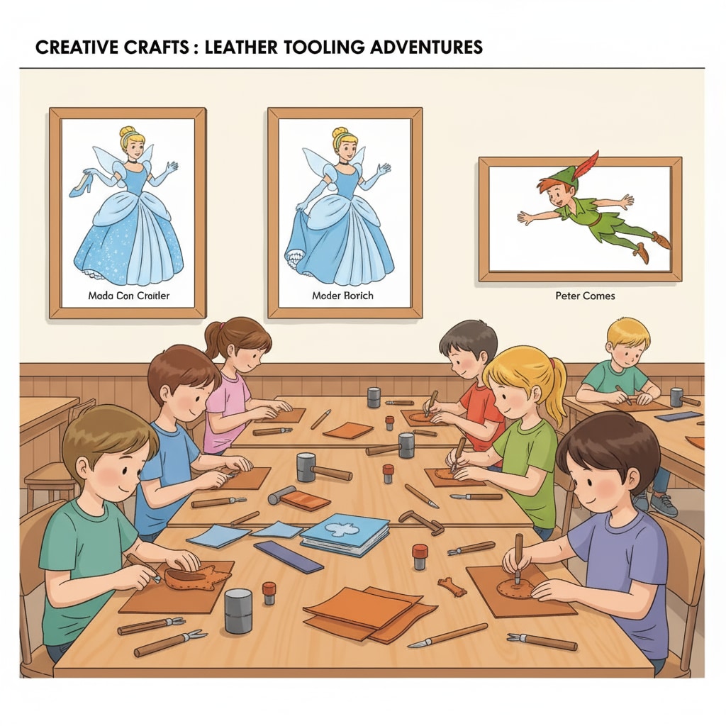 In a classroom, children are busy working on leather projects. There are pictures of popular fairy tale characters like Cinderella and Peter Pan hanging on the wall, serving as inspiration for their work. Children engaged in leather projects inspired by fairy tale characters in a classroom