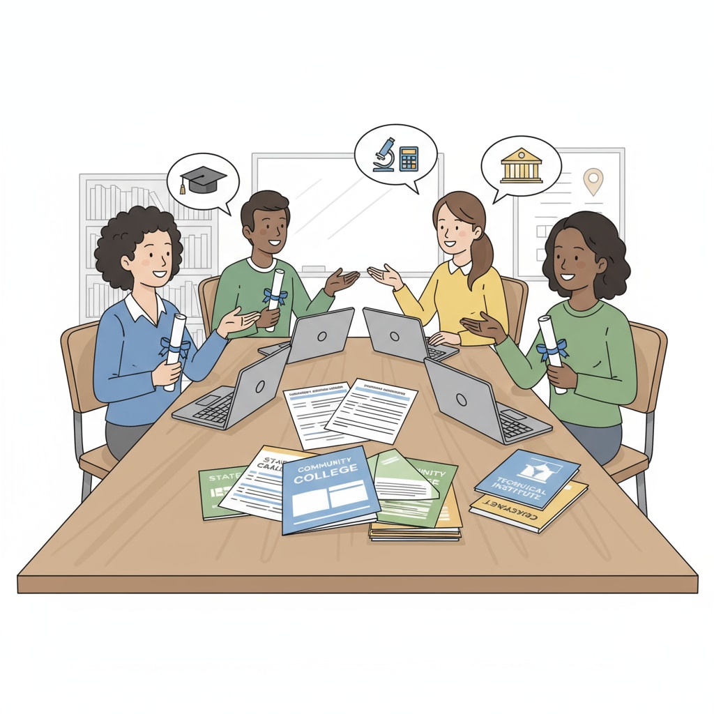 A group of students with GED certificates are sitting around a table, discussing their college application plans, with application forms and brochures in front of them. GED holders discussing college admissions