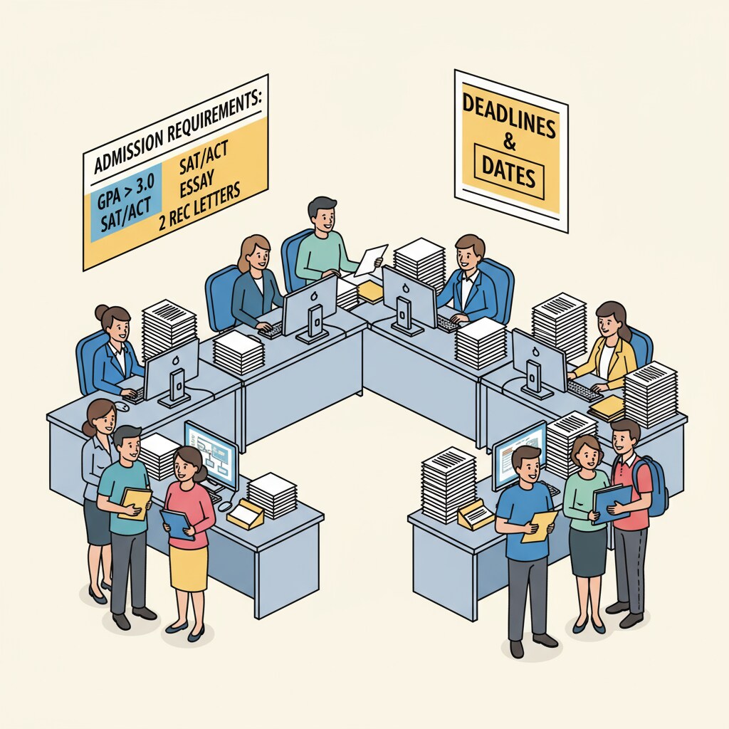 A college admissions office is shown with desks, computers, and stacks of application forms. There are signs about admission requirements on the walls. College admissions office related to GED and four - year college admissions