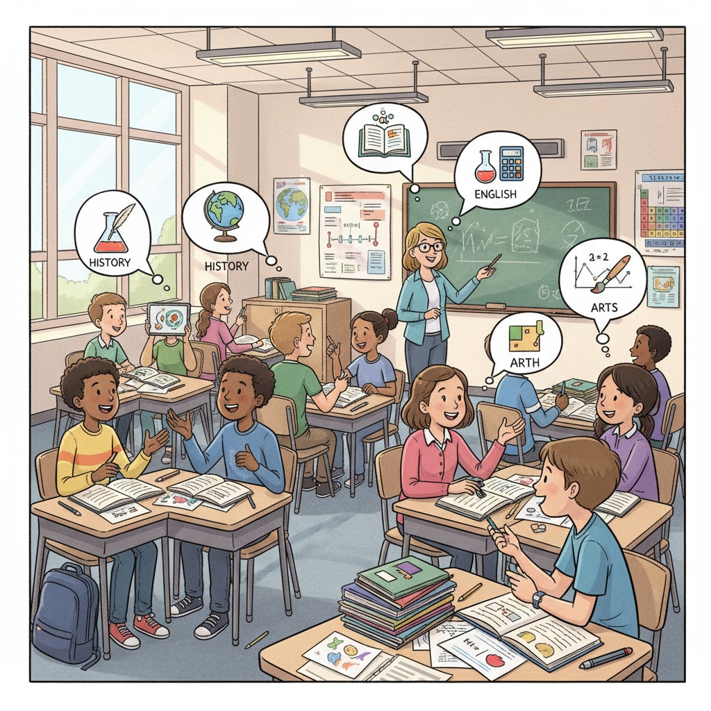 A classroom scene where students are engaged in a lively discussion about various curriculum topics, with books and papers scattered on their desks. Students discussing curriculum content in a public education setting, which has been a source of parental complaints and educational disputes.
