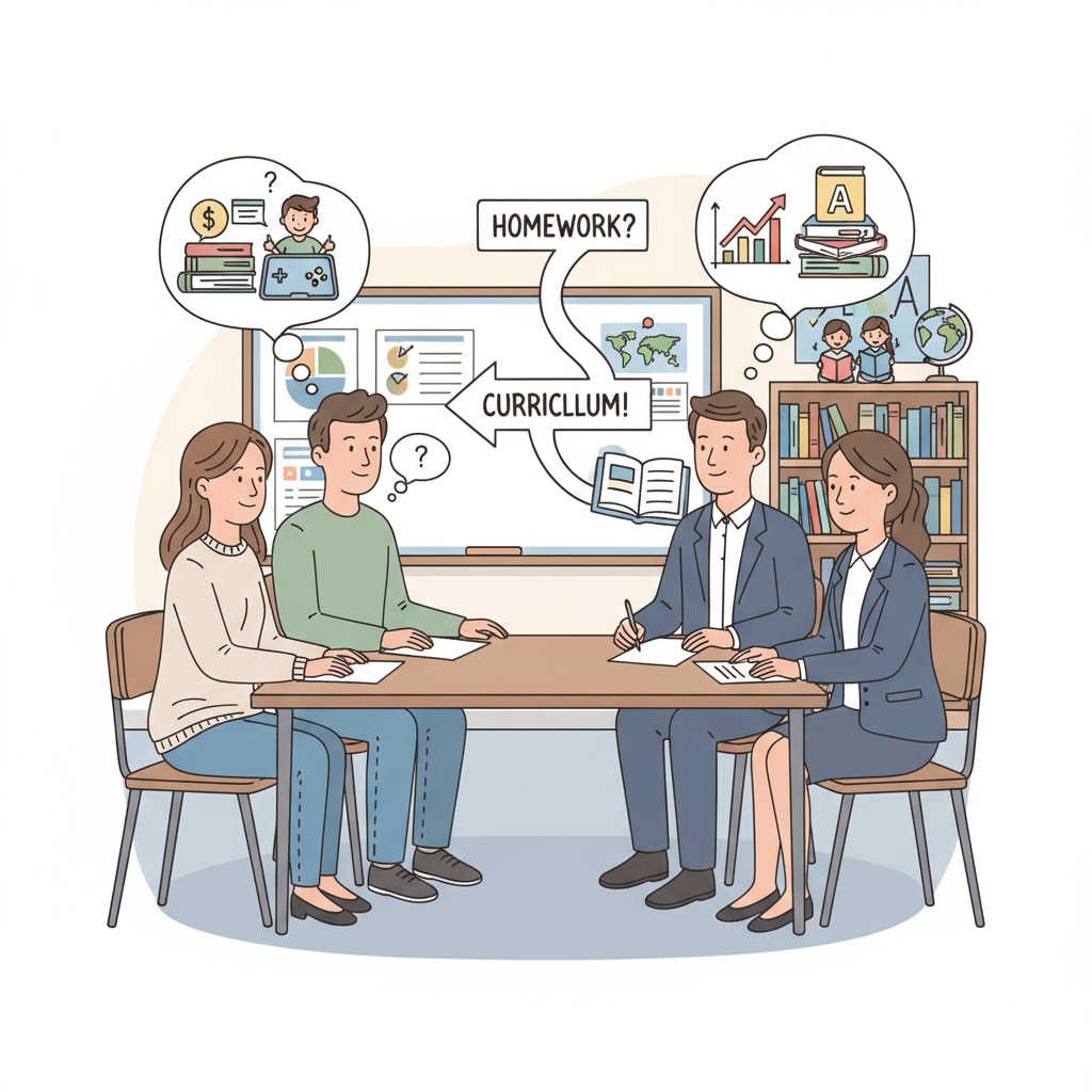A parent-teacher meeting where the atmosphere is tense, with parents and teachers sitting across from each other, expressing their differences regarding educational issues. A tense parent-teacher meeting highlighting the strained relationship in public education due to parental complaints and educational disputes.