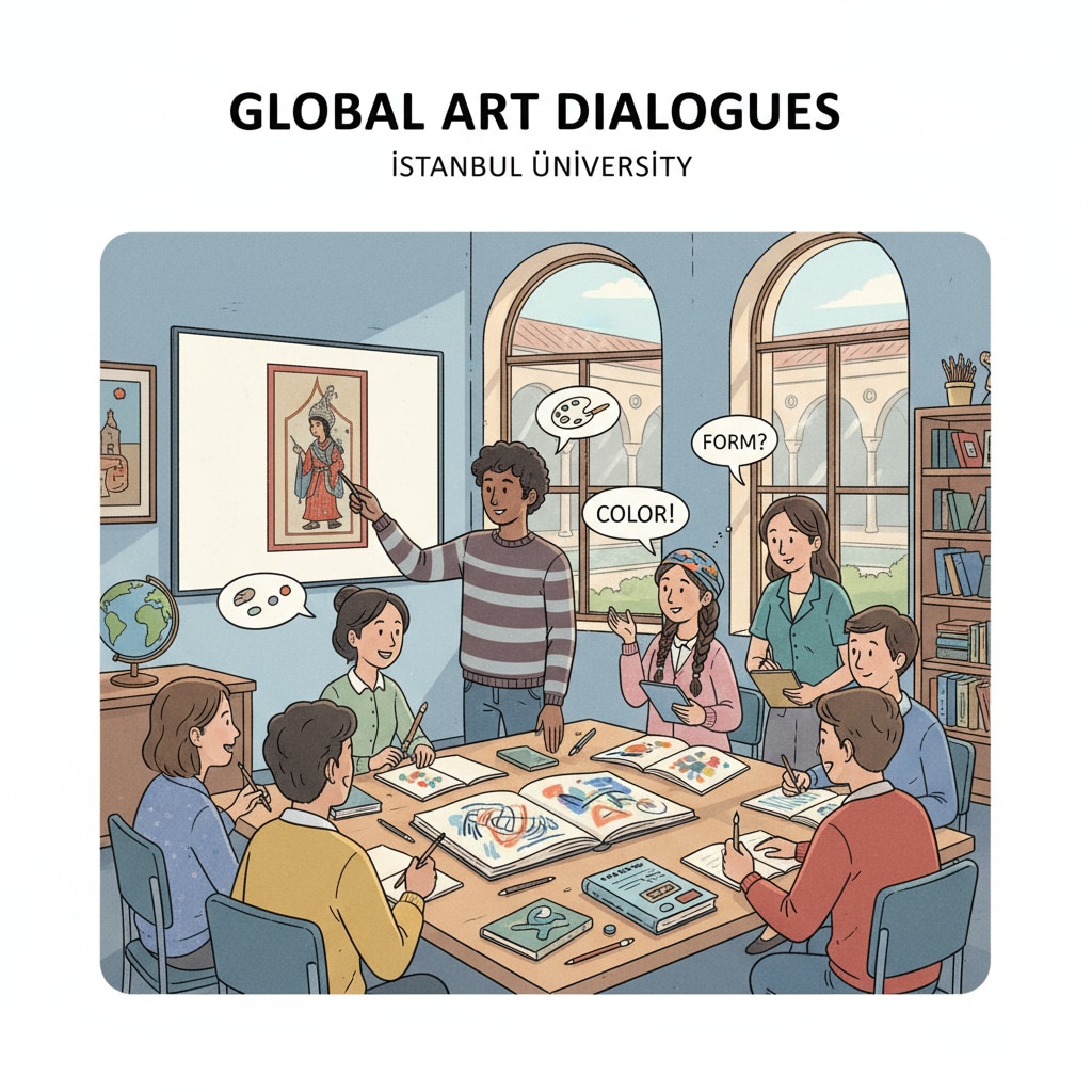 A group of international students in a Turkish university classroom, engaged in an art - related discussion. International students in a Turkish art classroom for English - taught programs