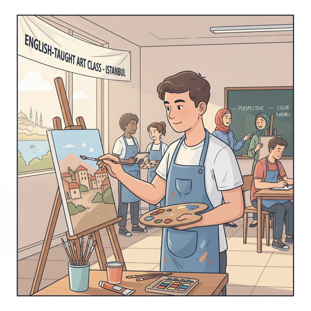 A student in an English - taught art class in Turkey, working on a painting. Student working on a painting in an English - taught art class in Turkey