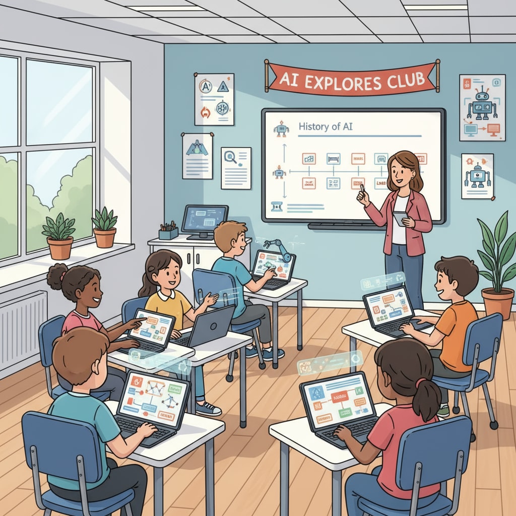 A classroom scene where students are actively engaged in learning AI concepts using digital devices. Students learning AI in a K12 classroom as part of educational development related to AI courses and prompt engineering.