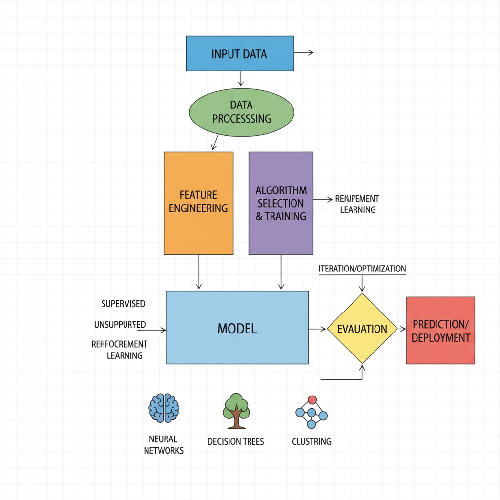 A diagram showing the flow and components of machine learning algorithms. Visual representation of machine learning algorithms for AI courses in K12 education related to educational development and prompt engineering.