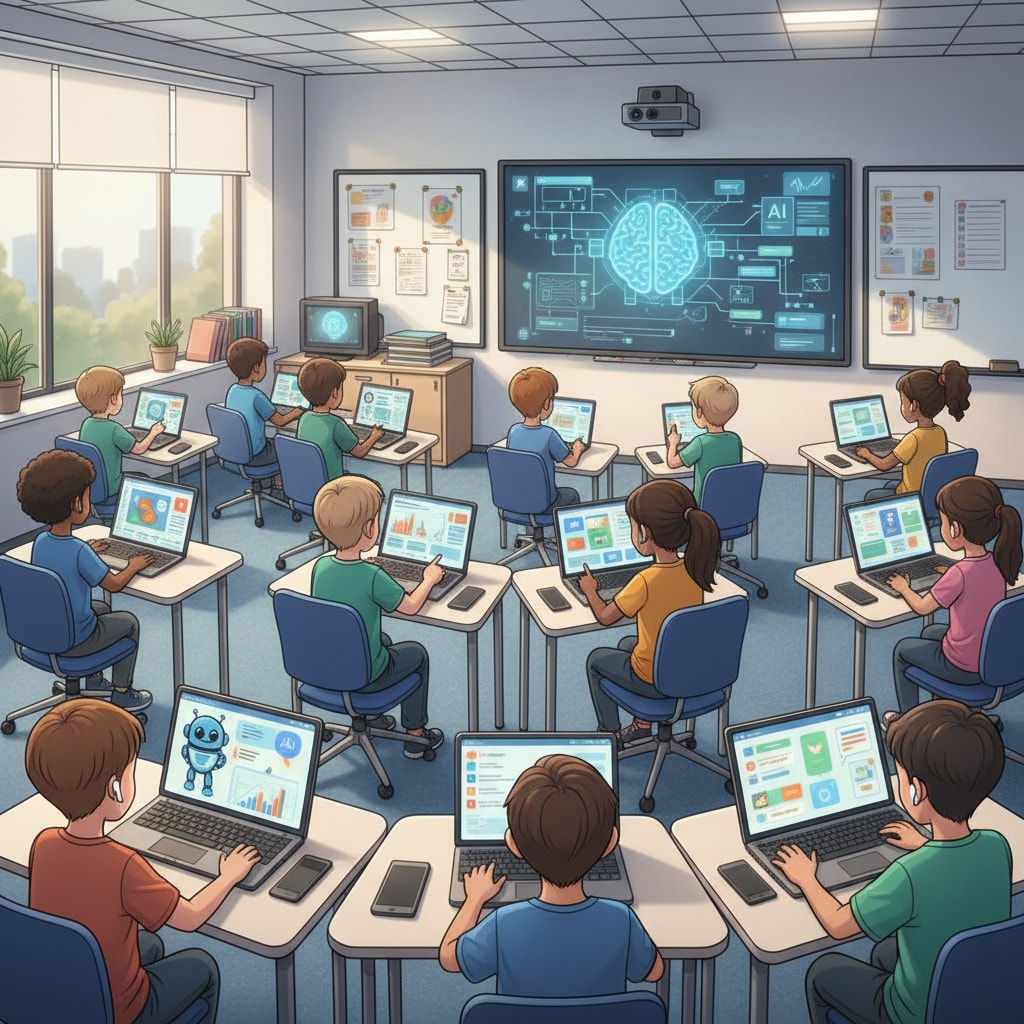 Students are seen interacting with AI learning tools in a modern classroom. There are tablets and laptops on the desks, and the students look engaged in their learning activities. AI education in a K12 classroom setting with lifetime membership online courses potential