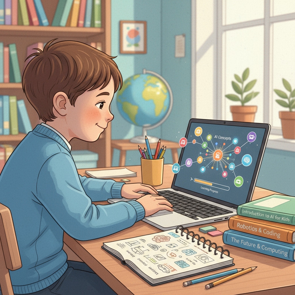 A child is sitting at a desk, focused on a laptop screen showing AI concepts. There are notes and books beside the laptop, indicating an immersive learning experience. Child studying AI concepts through an online platform as part of lifetime membership courses