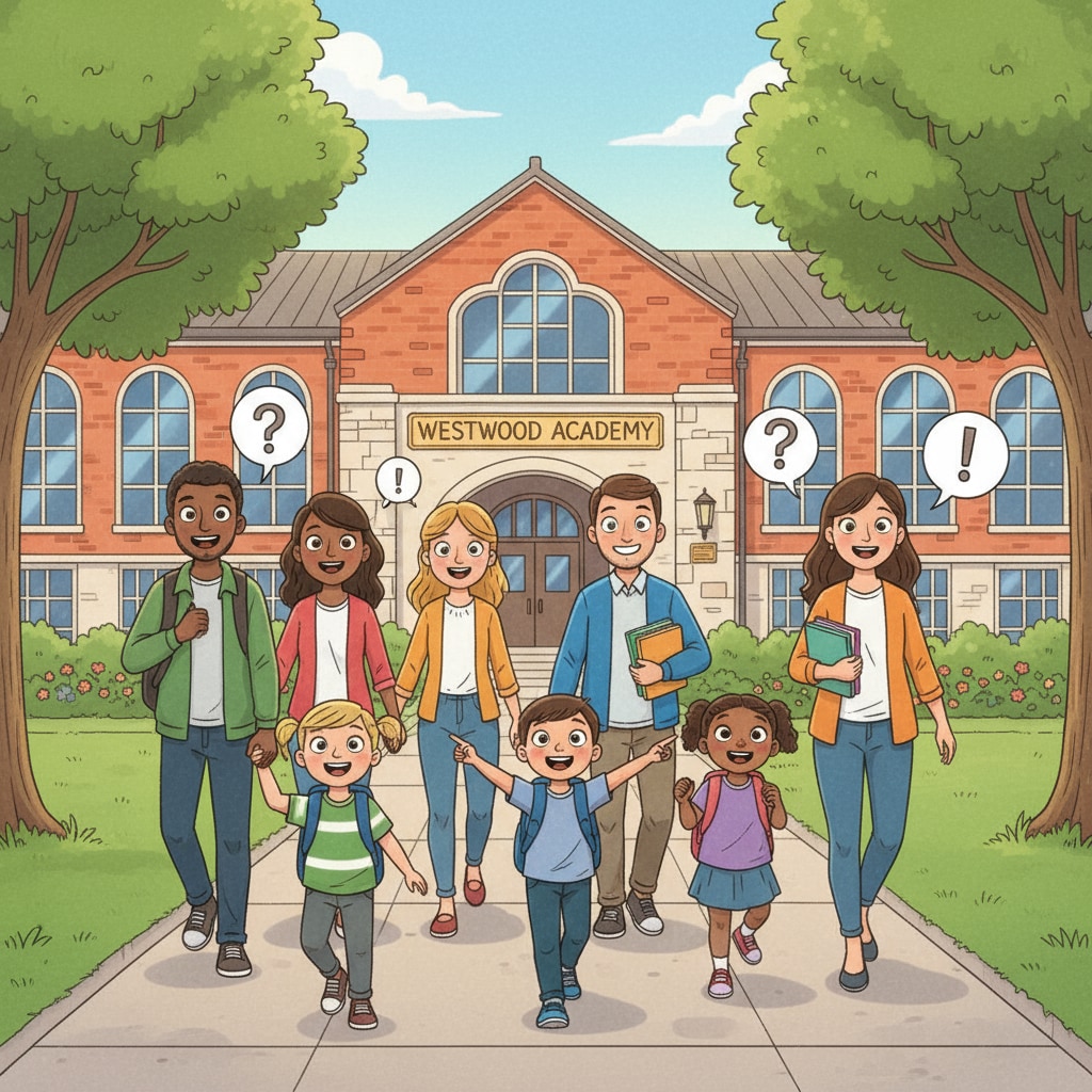 A group of parents and children are walking towards the entrance of a public school campus, showing their anticipation for the school visit. Parents and children on their way to a public school visit for educational choices