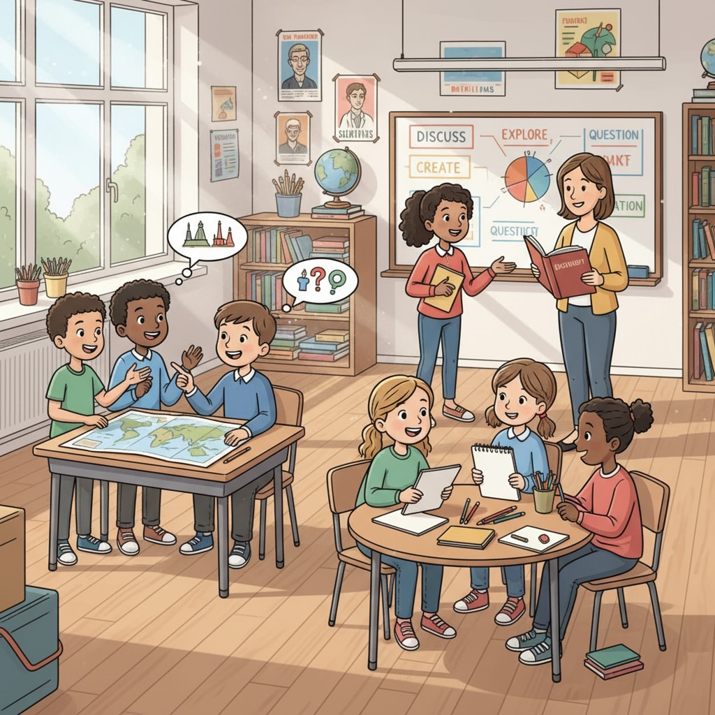Students in a public school classroom are having an animated discussion, demonstrating the active learning environment in the school. Students actively participating in a class discussion during a public school visit for educational evaluation