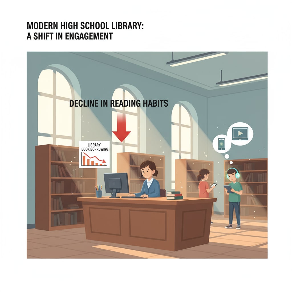 High school students in a library with fewer books being borrowed, indicating a decline in reading habits A visual representation of the decline in high school students' reading habits related to cultural literacy and its impact on democracy