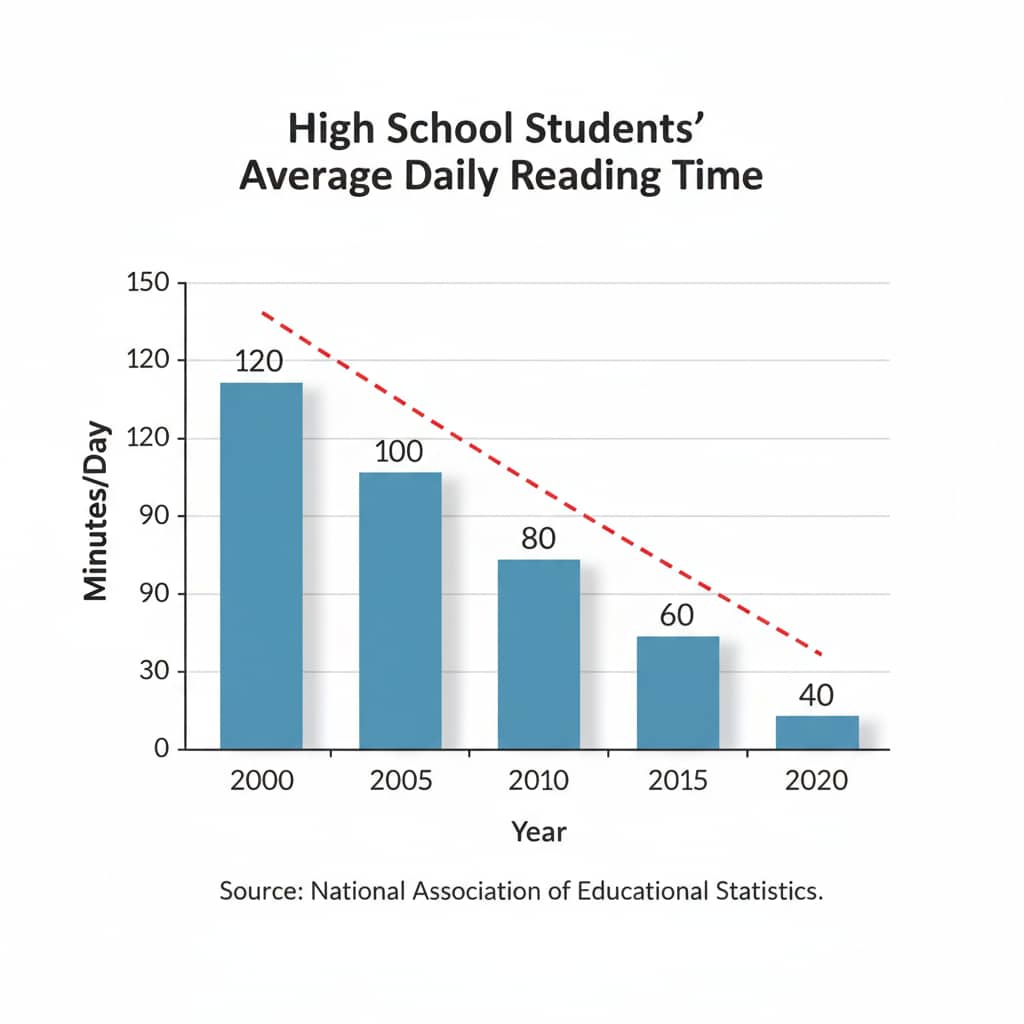 A graph showing the decreasing trend of high school students' reading time over the years Graph depicting the decline in high school students' reading time, highlighting the relationship with cultural literacy and democratic influence