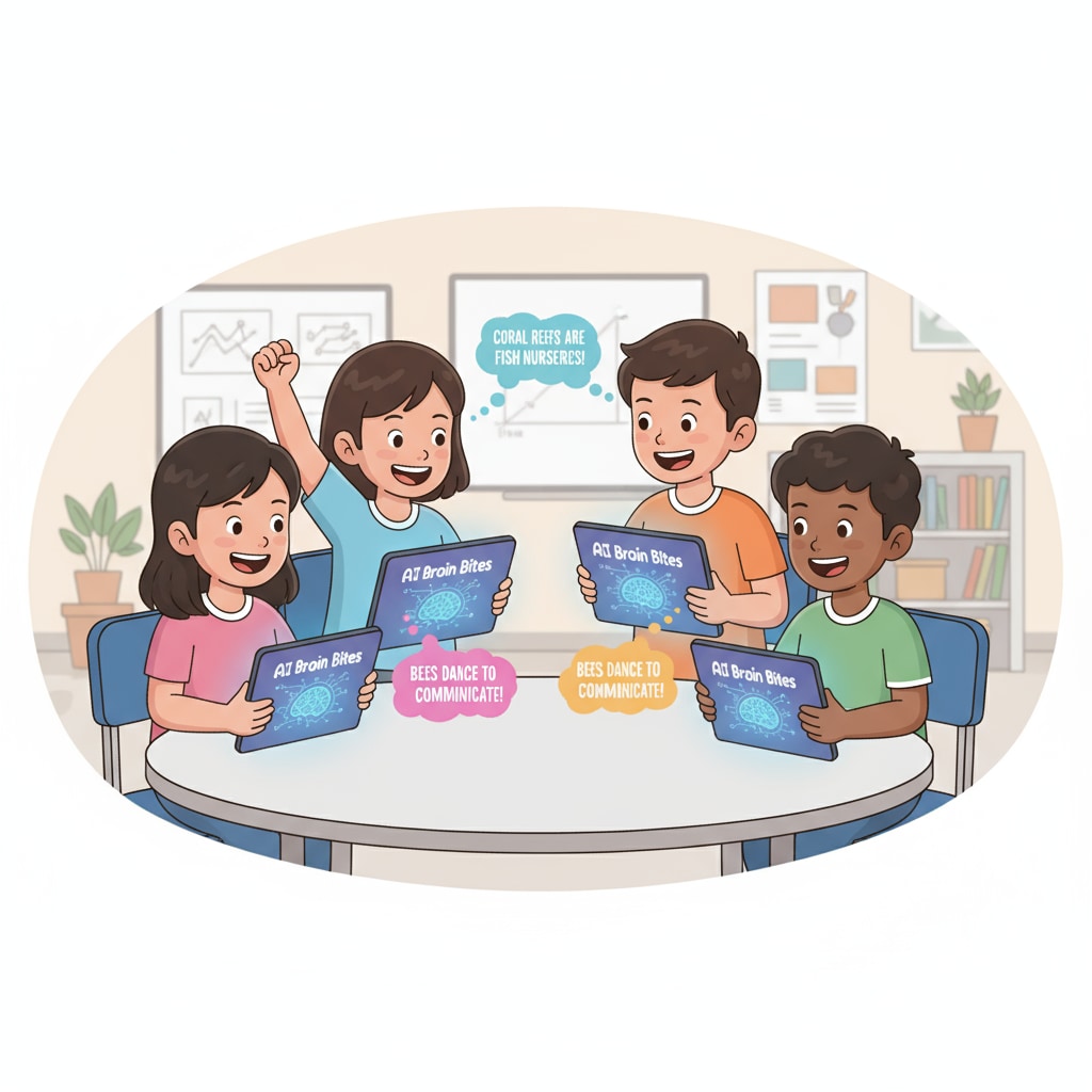 An illustration of students using tablets with the AI Brain Bites interface, showing excited expressions as they learn new educational facts. Students using AI Brain Bites learning tool