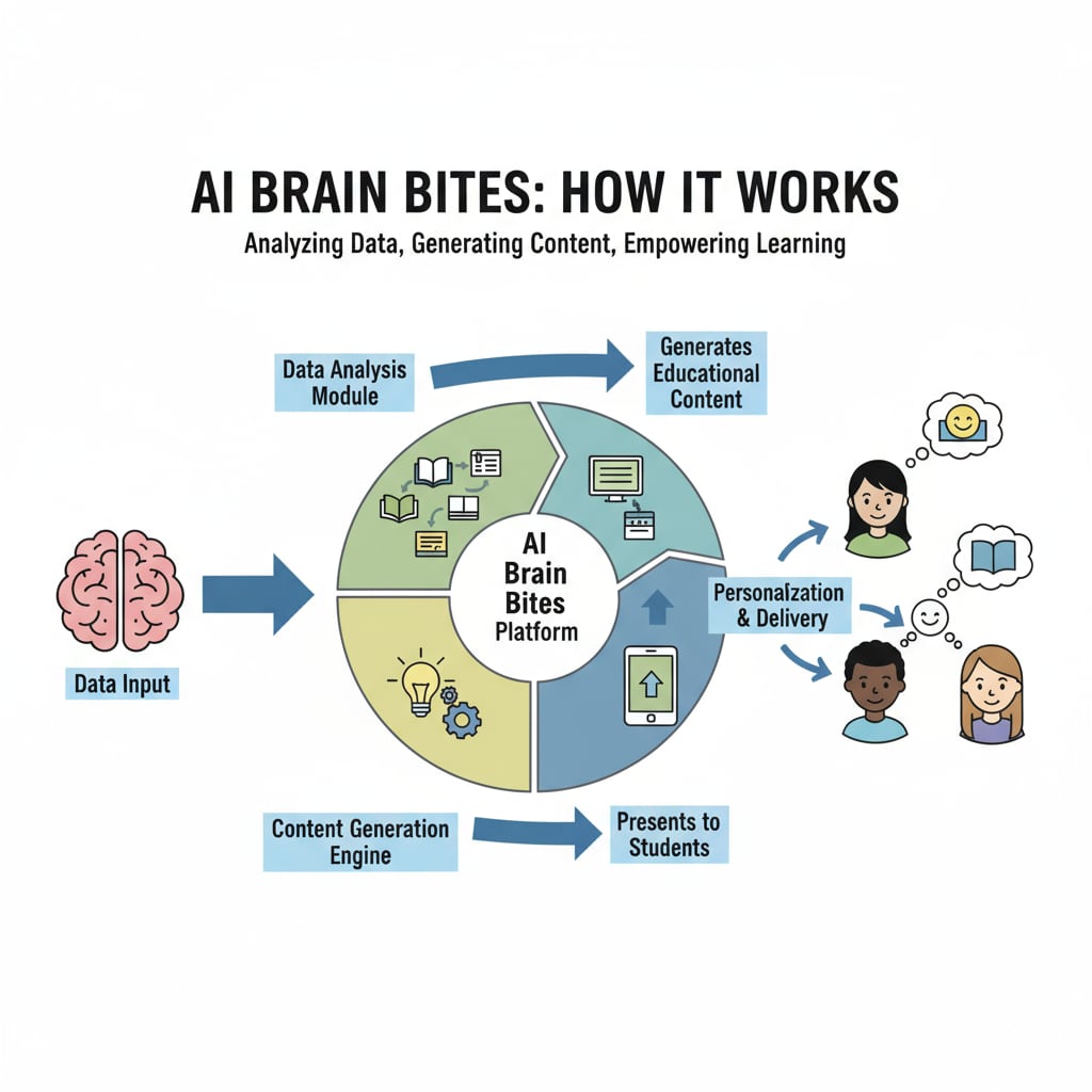 A simple diagram with arrows showing how AI Brain Bites analyzes data, generates educational content, and presents it to students. Working mechanism of AI Brain Bites learning tool