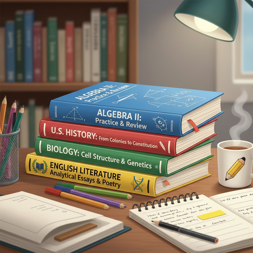 A collection of high school review workbooks neatly arranged on a study desk, showing different subjects' workbooks. High school review workbooks for various subjects including algebra