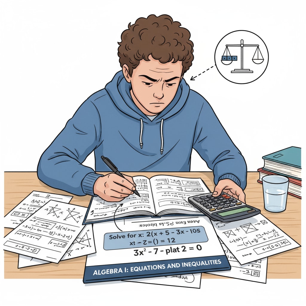 A student studying an algebra workbook with a pen and calculator, concentrating on solving algebraic problems. A student engaged in studying an algebra review workbook