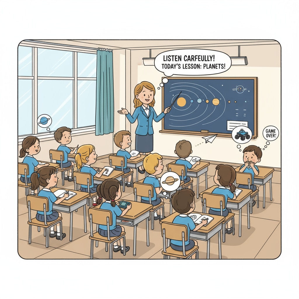A classroom scene where some students are not paying attention to the teacher's instructions, showing a lack of compliance. Students not following instructions in a special education inclusive class