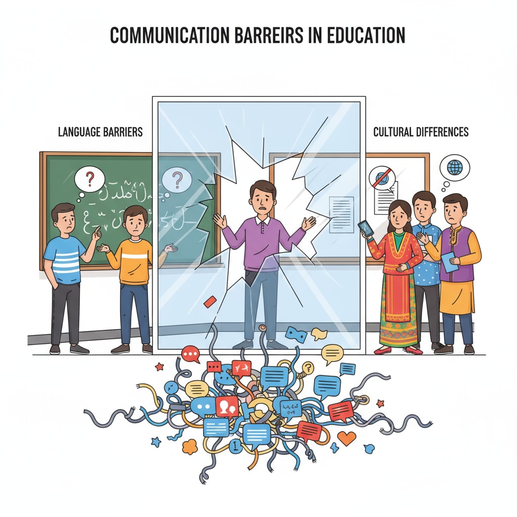 An illustration depicting various communication barriers such as language difficulties and cultural differences in a classroom setting. Communication barriers in a special education inclusive class related to students not following instructions