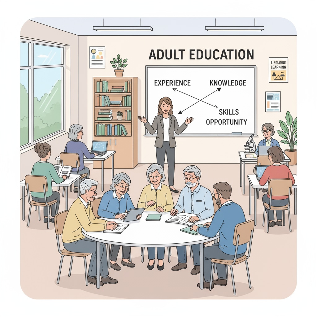 A classroom scene with adults engaged in learning activities, highlighting the concept of adult education. Adults studying in a classroom for free high school education