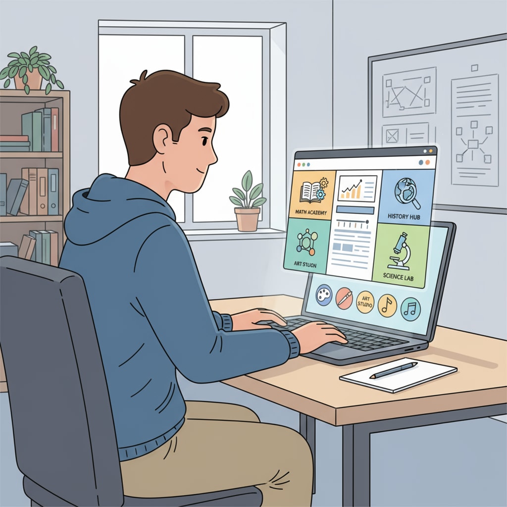 An individual concentrating on a laptop screen, accessing various online educational platforms for high school-level learning. Person using online resources for free adult high school education