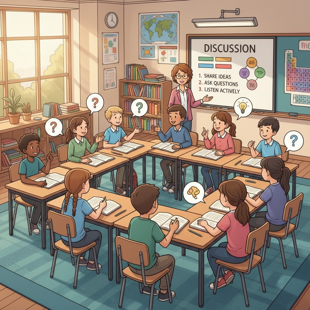 A classroom scene with students sitting at desks, actively participating in discussions, with books and notebooks in front of them. A classroom scene promoting education, lifelong learning, and success