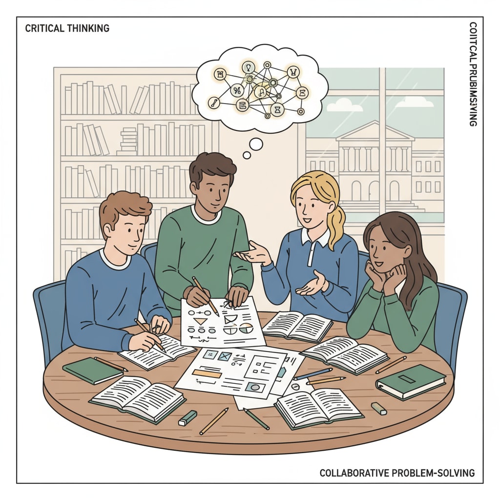 A group of students gathered around a table, working together to solve a complex problem, with papers and pencils in use. Students collaborating to enhance their education, lifelong learning, and success