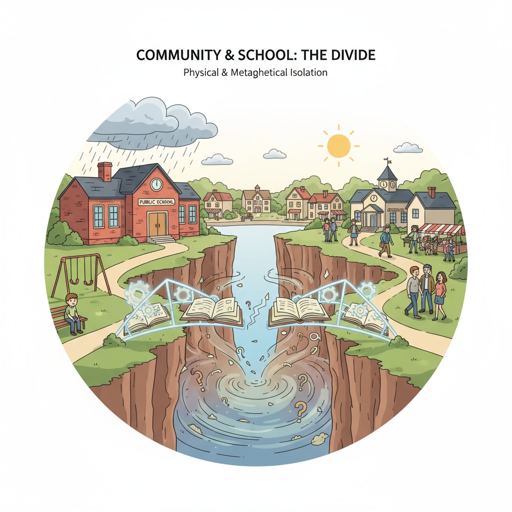 A view of a small town public school with a sense of isolation from the surrounding community, showing a physical and metaphorical gap. A small town public school separated from the community, related to public schools, community separation, youth programs