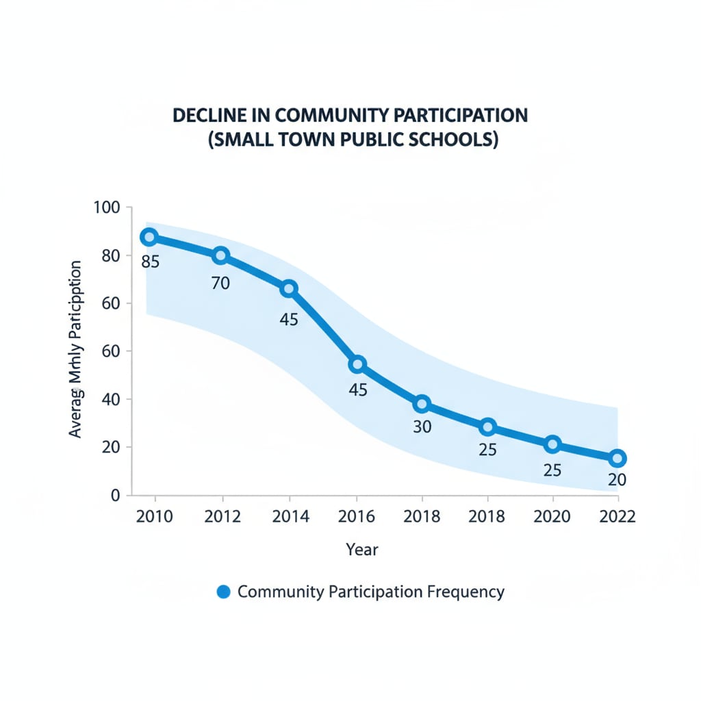 A graph depicting the decreasing frequency of community participation in small town public schools over a period of several years. Graph showing decline in community involvement in small town public schools, relevant to public schools, community separation, youth programs