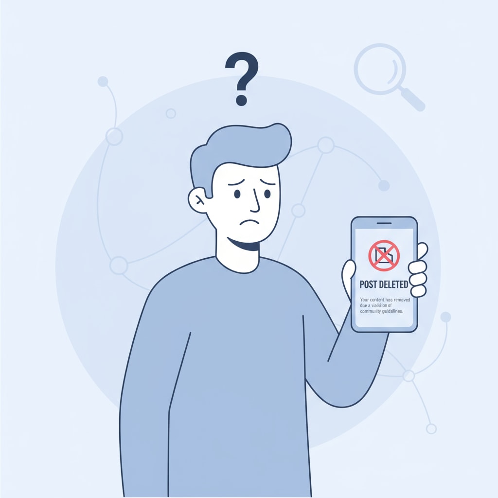 An illustration of a user with a confused expression looking at a notification that a post has been deleted. A confused user due to post deletion related to PLC with no explanation