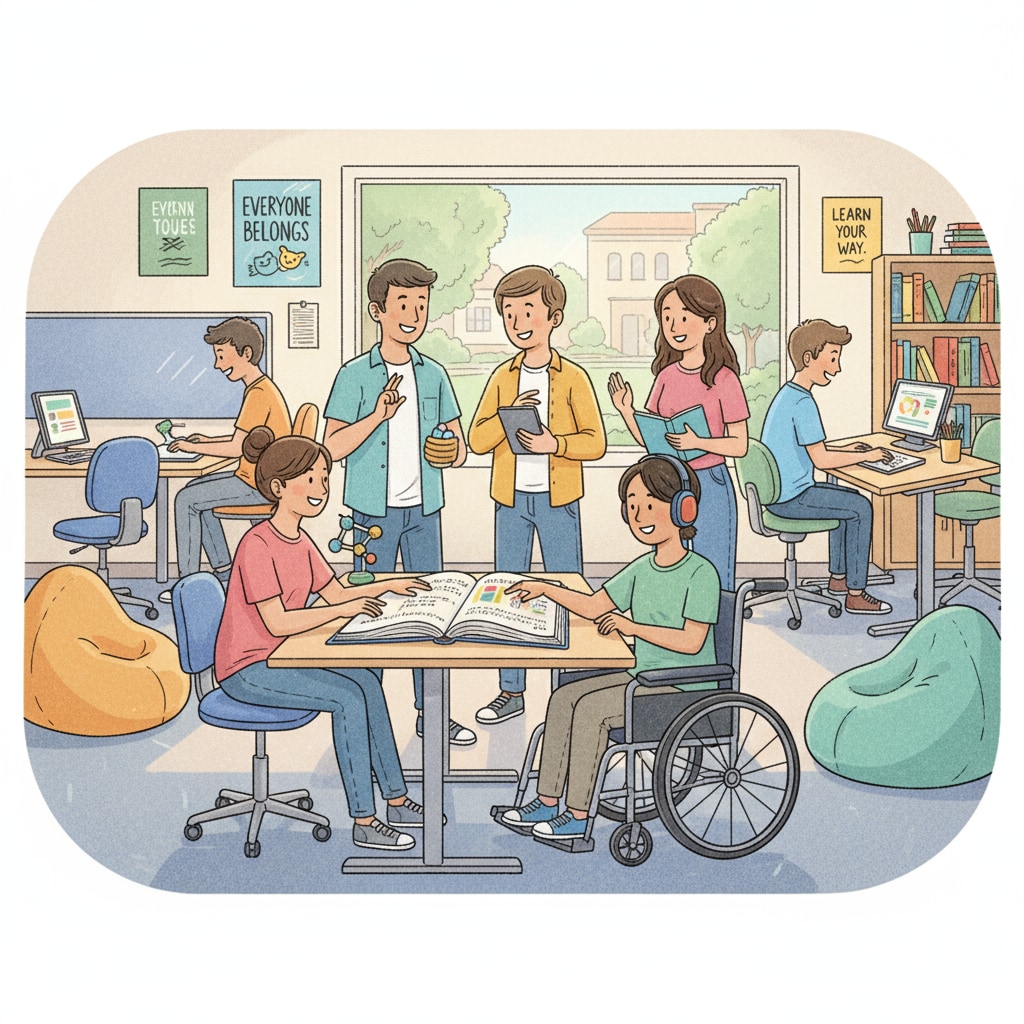 Students with different learning needs including autism studying together to overcome difficulties and complete academic tasks