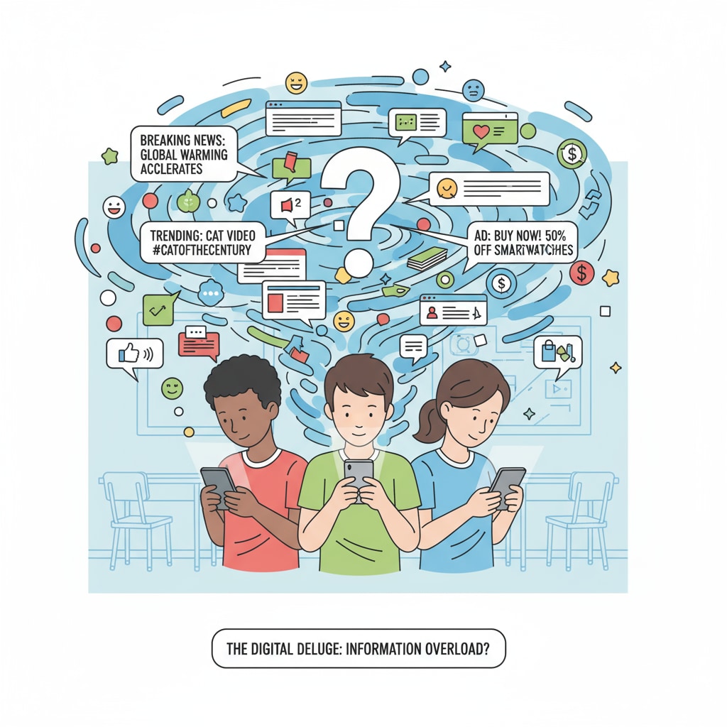 Students facing information overload, highlighting the need for logical fallacies awareness and manipulation detection.