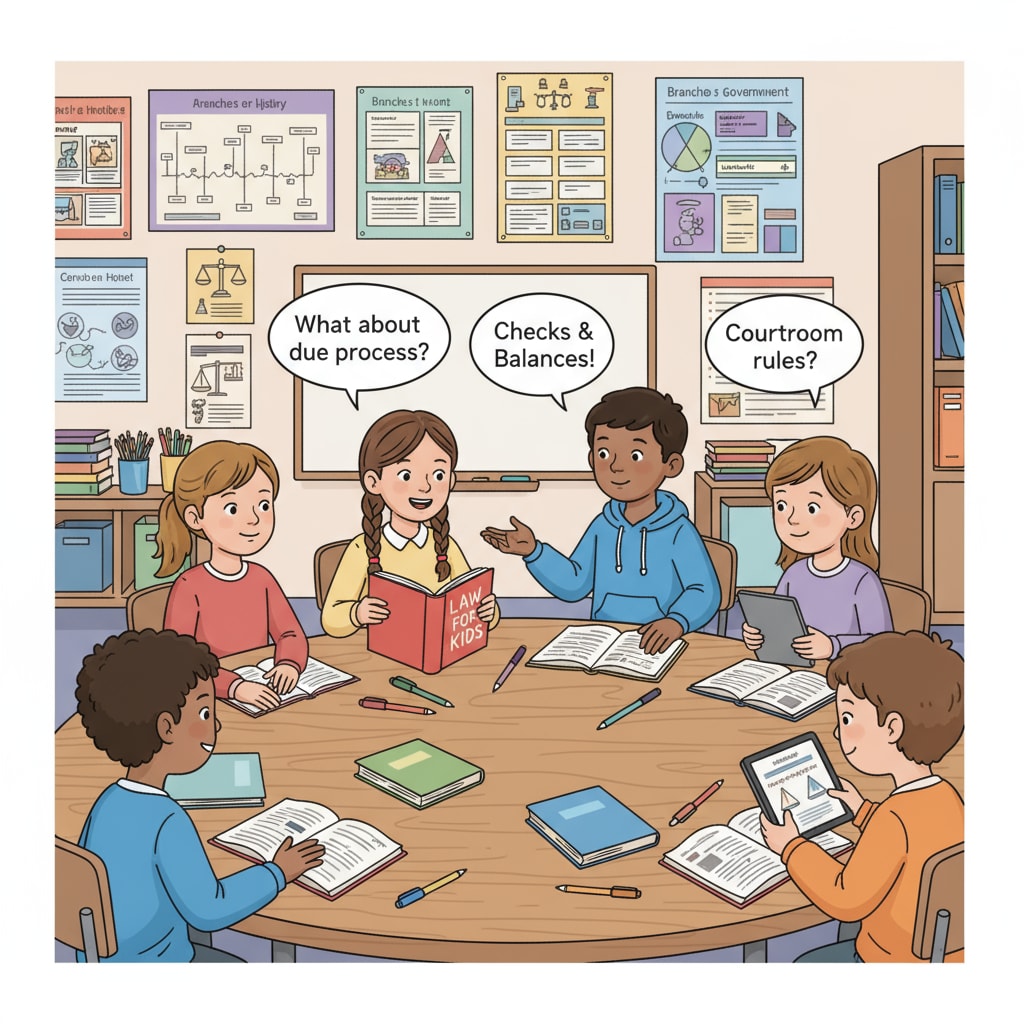 A group of K12 students actively discussing legal concepts in a classroom. They are sitting around a table, with some pointing at books and others sharing their thoughts. K12 students engaged in active discussion during legal studies, promoting active recall and better understanding.