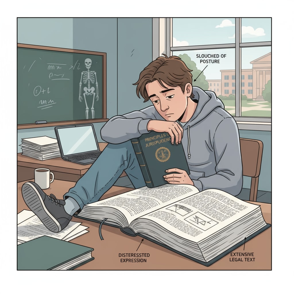 A student sitting at a desk, looking bored while reading a thick legal book. The student is slouching and has a disinterested expression. A student demonstrating the ineffectiveness of passive reading during legal studies.