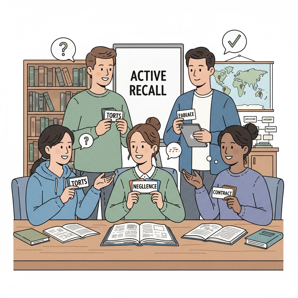 A group of students using flashcards for active recall during legal studies. They are holding flashcards, quizzing each other, and discussing the answers. Students using flashcards for active recall in legal education.