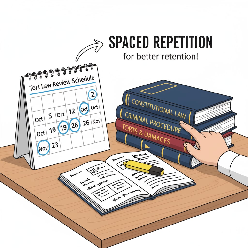 A student using a spaced repetition schedule to study legal materials. The student has a calendar with marked review dates next to their legal textbooks. A student implementing spaced repetition in legal studies for better memory retention.
