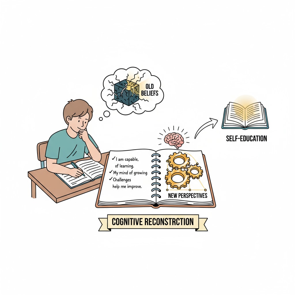 A person is writing positive affirmations on a notebook, symbolizing the cognitive reconstruction process in self-education. A person writing positive affirmations for self-education and self-improvement after high school performance issues