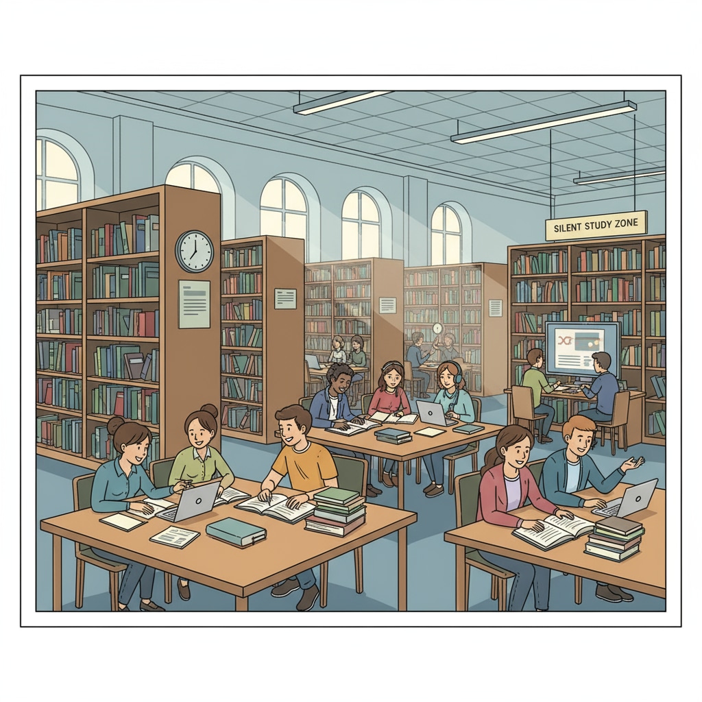 A group of students are sitting at tables in a library, studying books and discussing. Students studying together in a library to overcome high school educational gaps and acquire key skills