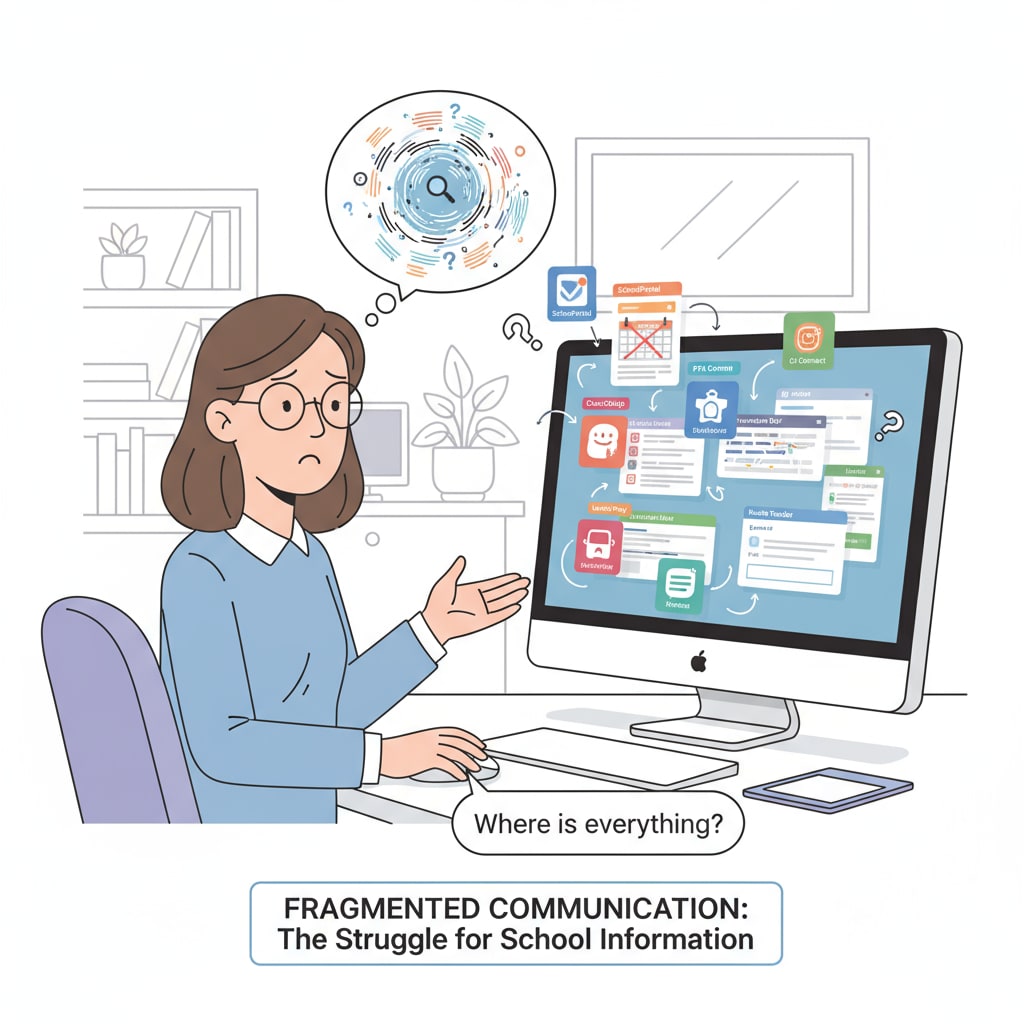 A parent is sitting in front of a computer, looking confused as they try to navigate multiple apps on the screen to find school - related information, depicting the challenges in information acquisition due to fragmented school - parent communication systems. Parent struggling with accessing school information through various apps, related to school management and parent communication issues