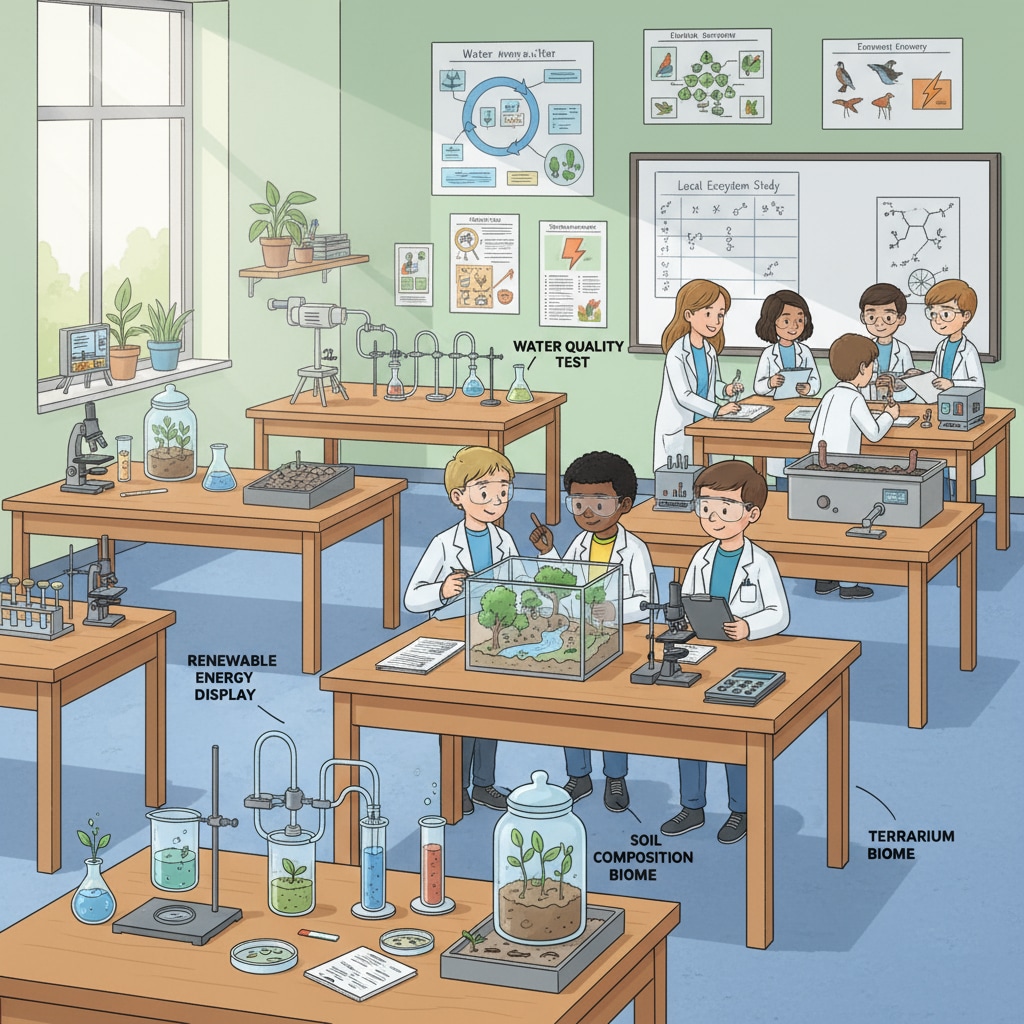 K-12 students studying environmental science in a laboratory, related to environmental protection education and addressing environmental issues