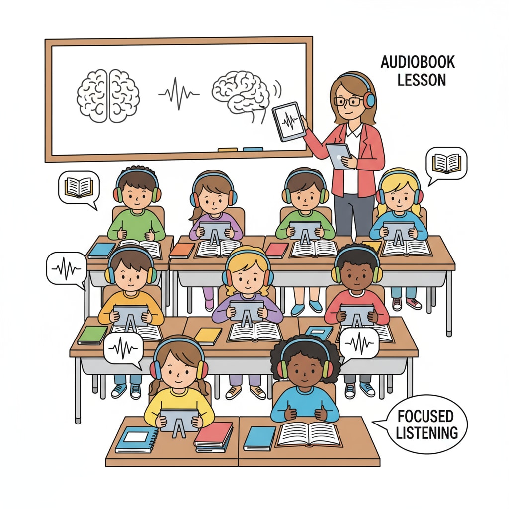 Students are sitting in a classroom, wearing headphones and listening intently to audiobooks on their devices. Students listening to audiobooks in a language arts classroom setting related to audiobooks, reading fluency, and language arts education