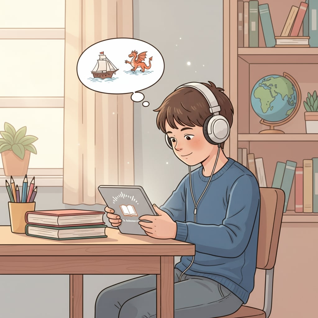A student is sitting at a desk, using a tablet to listen to an audiobook, with a focused expression. A student using a device to listen to an audiobook, highlighting the role of audiobooks in language arts education and its relation to reading fluency